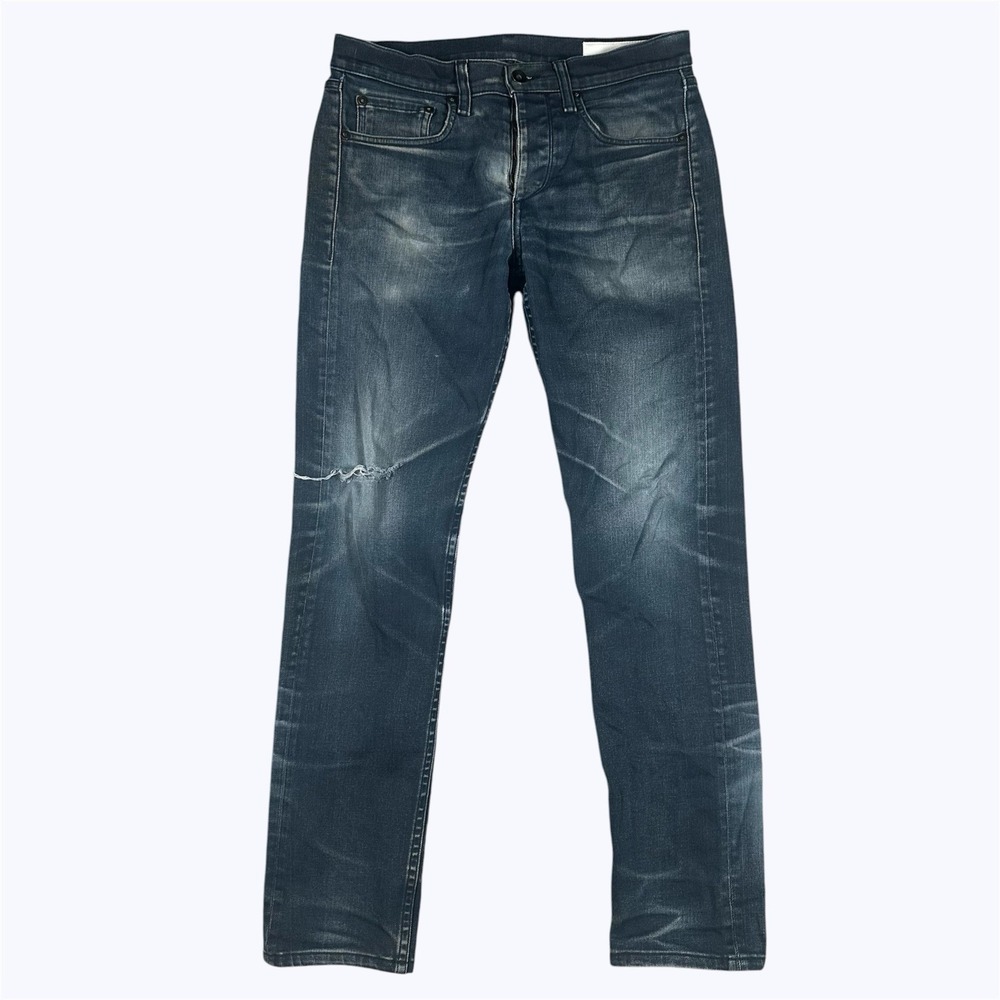 Rag & Bone Fit 2 Slim Leg Mens 30x29* Dark Wash Blue Distressed Jeans Button Fly
